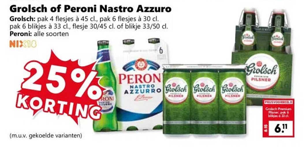 Grolsch of Peroni Nastro Azzuro 25% KORTING