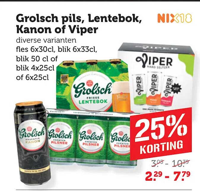 Grolsch pils, Lentebok, Kanon of Viper 25% korting