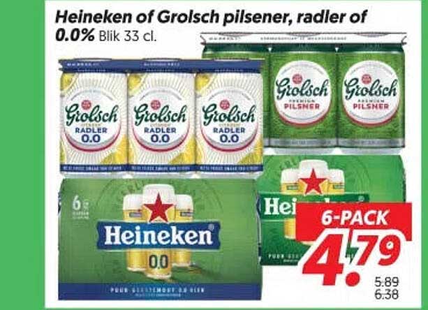 Heineken of Grolsch pilsener, radler of 0.0% Blik 33 cl.