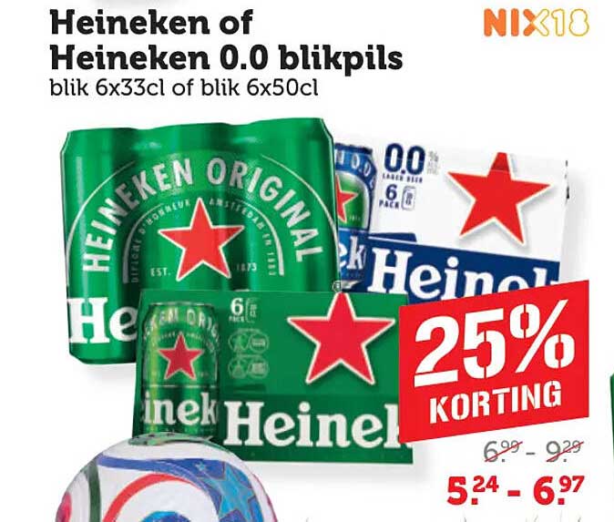 Heineken of Heineken 0.0 blikpils blik 6x33cl of blik 6x50cl 25% KORTING