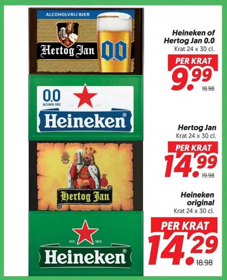 Heineken of Hertog Jan 0.0 Krat 24 x 30 cl.