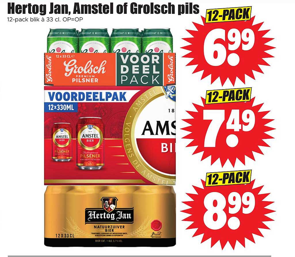 Hertog Jan, Amstel of Grolsch pils 12-pack blik à 33 cl. OP=OP