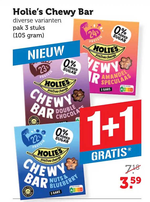 Holie's Chewy Bar diverse varianten pak 3 stuks (105 gram) 1+1 gratis