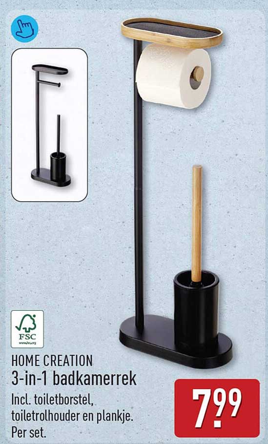 HOME CREATION 3-in-1 badkamerset Incl. toiletborstel, toiletrolhouder en plankje. Per set.