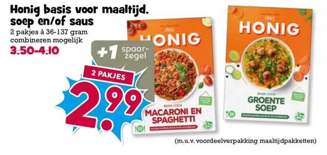 Honig basis voor maaltijd, soep en/of saus 2 pakjes á 36-137 gram combineren mogelijk +1 spaarzegel 2 pakjes