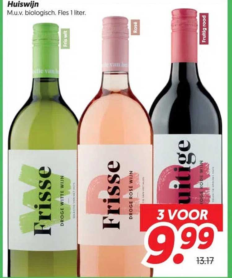 Huiswijn M.u.v. biologisch. Fles 1 liter. 3 voor 9.99