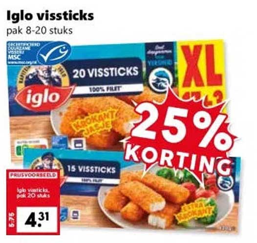 Iglo vissticks pak 8-20 stuks 25% korting