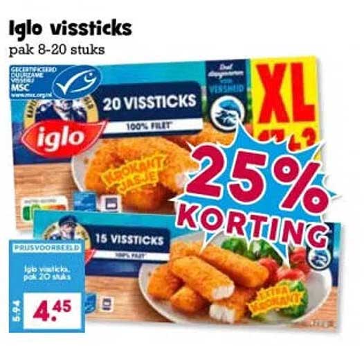 Iglo vissticks pak 8-20 stuks XL 25% korting