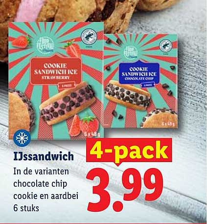 IJssandwich In de varianten chocolate chip cookie en aardbei 6 stuks 4-pack