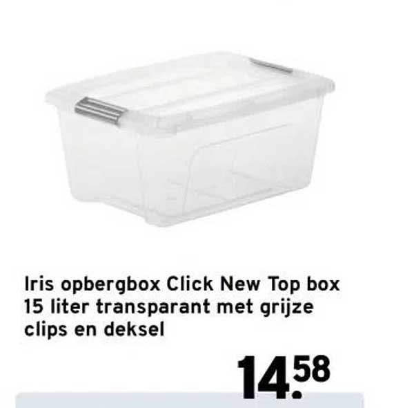 Iris opbergbox Click New Top box 15 liter transparant met grijze clips en deksel
