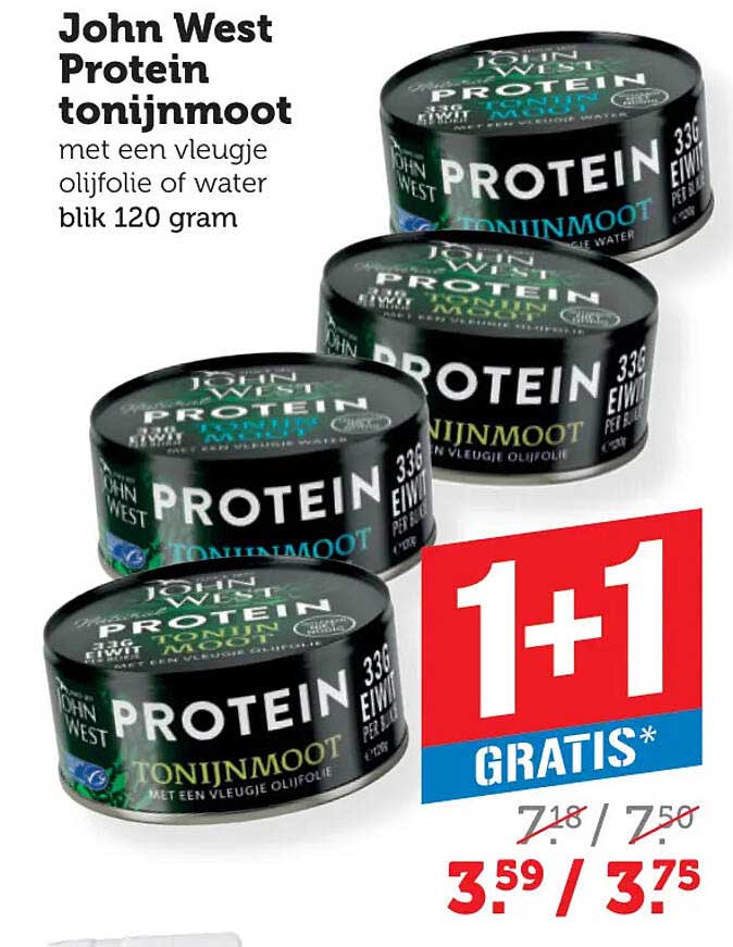 John West Protein tonijnmoot met een vleugje olijfolie of water blik 120 gram 1+1 gratis