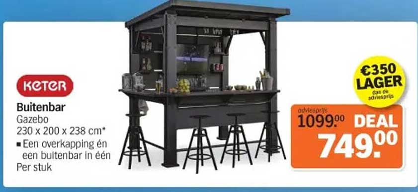Keter Buitenbar Gazebo 230 x 200 x 238 cm*