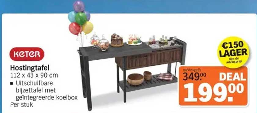 Keter Hostingtafel 112 x 43 x 90 cm Uitsschuifbare bijzettafel met geïntegreerde koelbox Per stuk