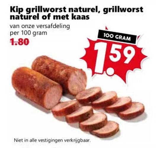 Kip grillworst naturel, grillworst naturel of met kaas