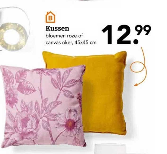 Kussen bloemen roze of canvas oker, 45x45 cm