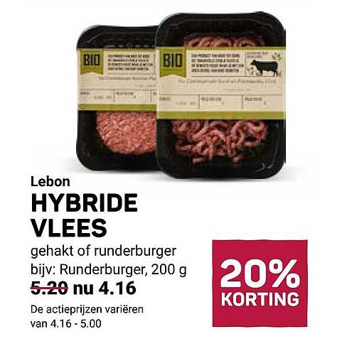 Lebon HYBRIDE VLEES gehakt of runderburger bijv. Runderburger, 200 g 20% KORTING