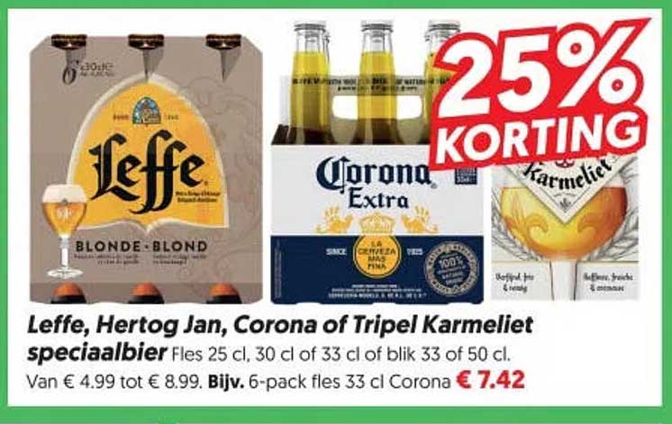 Leffe, Hertog Jan, Corona of Tripel Karmeliet speciaalbier 25% KORTING