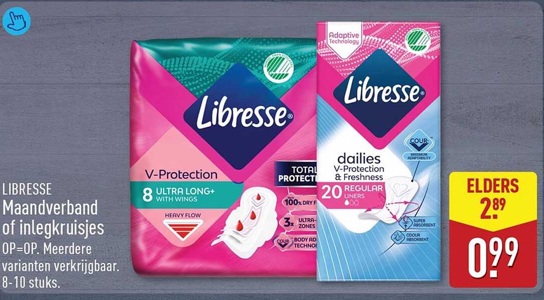 LIBRESSE Maandverband of inlegkruisjes OP=OP. Meerdere varianten verkrijgbaar. 8-10 stuks.