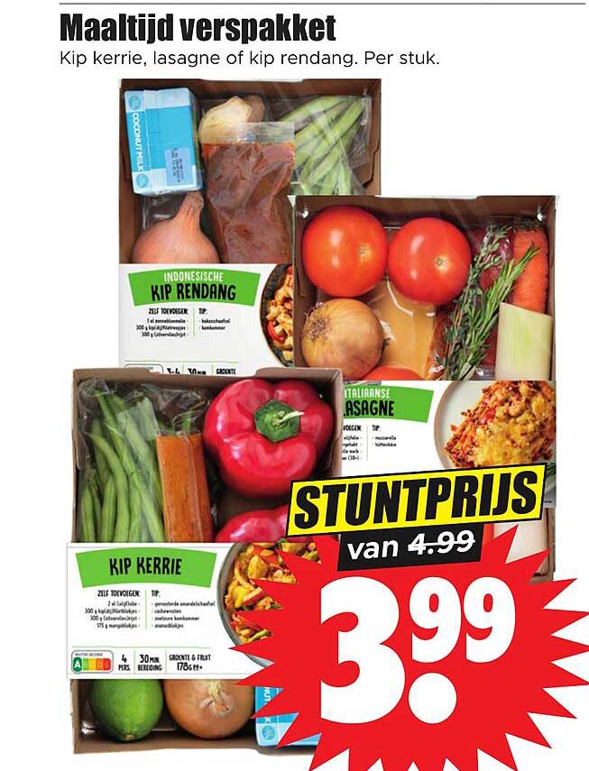 Maaltijd verspakket Kip kerrie, lasagne of kip rendang. Per stuk.