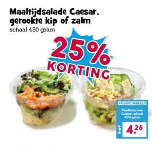 Maaltijdsalade Caesar, gerookte kip of zalm schaal 450 gram 25% KORTING