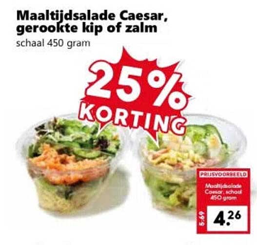 Maaltijdsalade Caesar, gerookte kip of zalm schaal 450 gram 25% KORTING