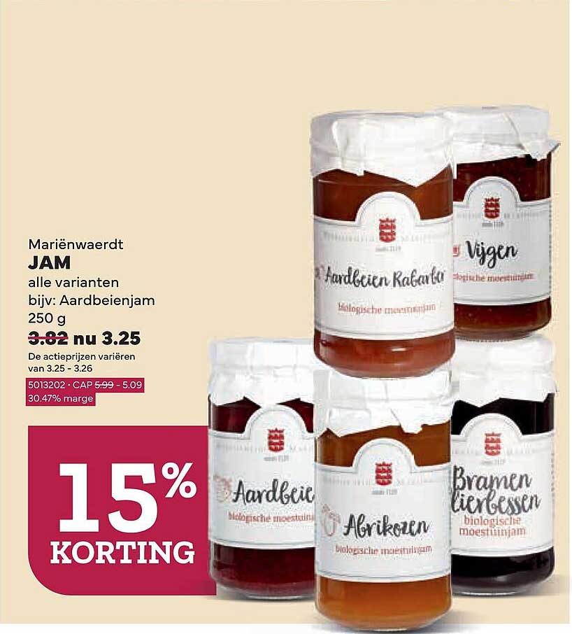 Marïenwaerdt JAM alle varianten bijv: Aardbeienjam 250 g 15% KORTING