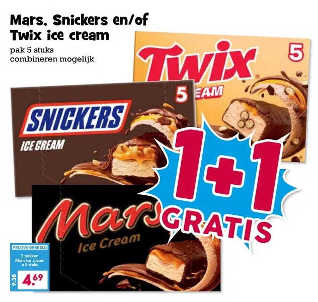 Mars, Snickers en/of Twix ice cream 1+1 GRATIS