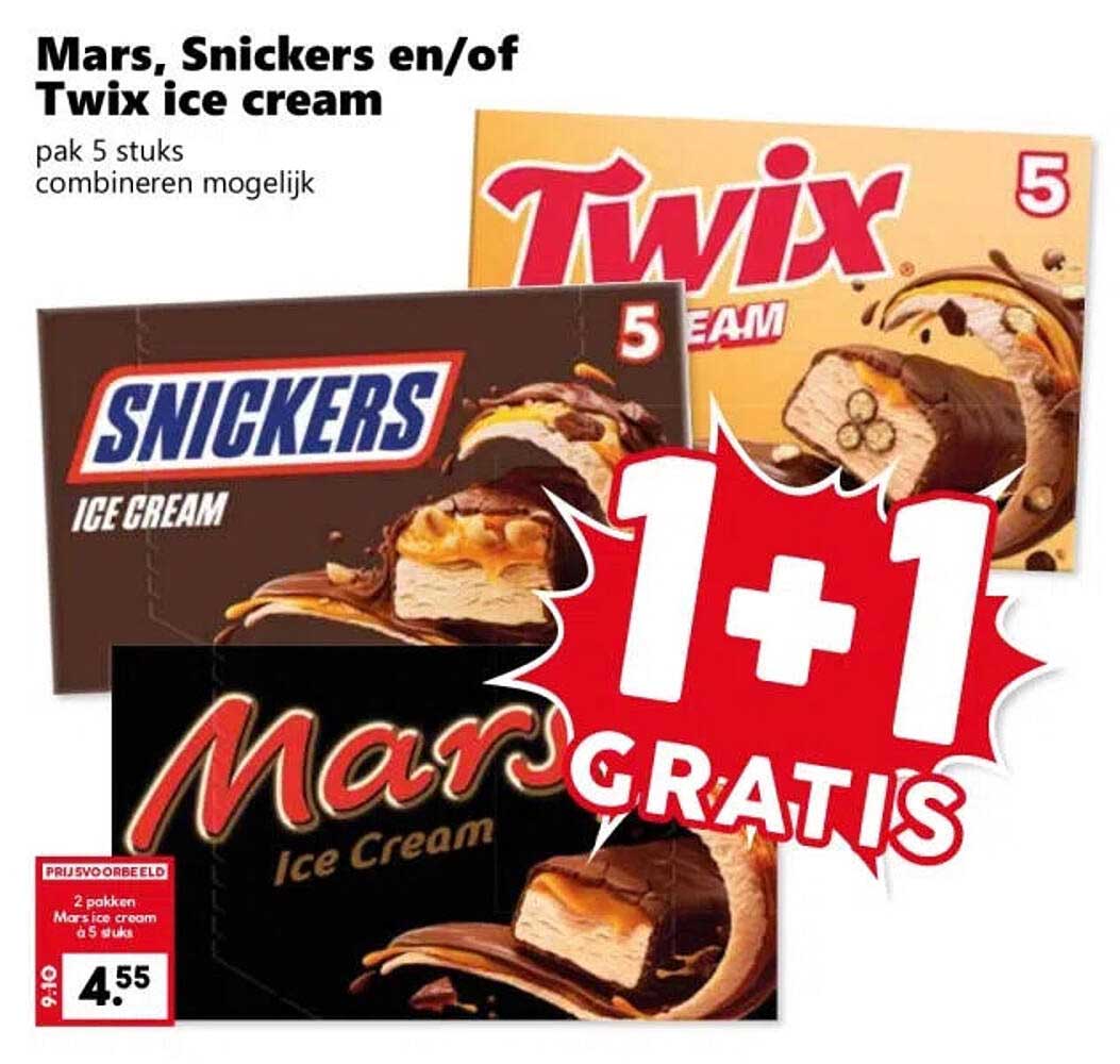 Mars, Snickers en/of Twix ice cream 1+1 GRATIS