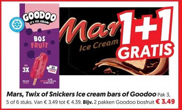 Mars, Twix of Snickers Ice cream bars of Goodoo Pak 3, 5 of 6 stuks. 1+1 GRATIS