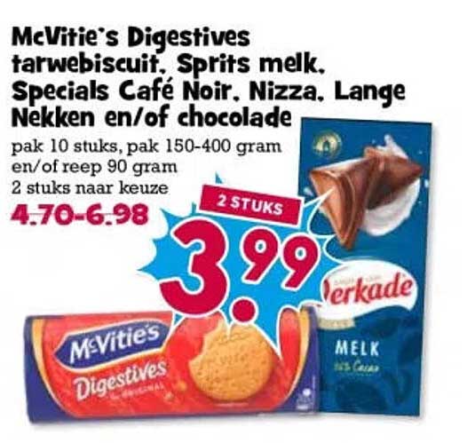 McVitie's Digestives tarwebiscuit, Sprits melk, Specials Café Noir, Nizza, Lange Nekken en/of chocolade 2 stuks