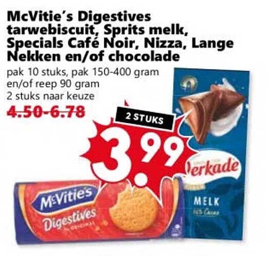 McVitie’s Digestives tarwebiscuit, Sprits melk Specials Café Noir, Nizza, Lange Nelleken en/of chocolade 2 STUKS
