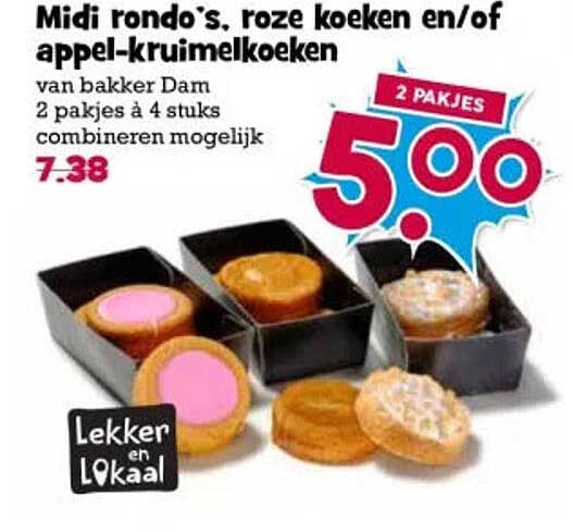 Midi rondo's, roze koeken en/of appel-kruimelkoeken 2 pakjes