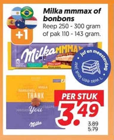 Milka mmmmax of bonbons Reep 250 - 300 gram of pak 110 - 143 gram +1