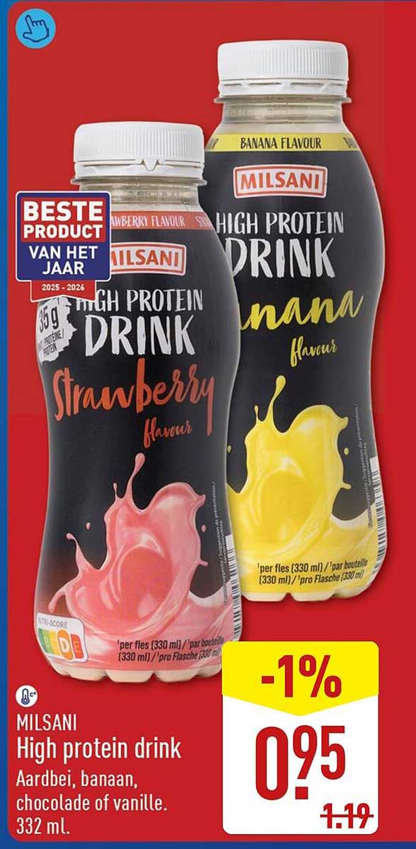 MILSANI High protein drink Aardbei, banaan, chocolade of vanille. 332 ml. -1%