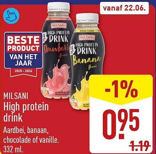 MILSANI High protein drink Aardbei, banaan, chocolade of vanille. 332 ml.