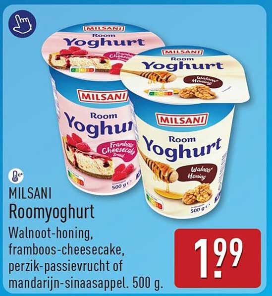 MILSANI Roomyoghurt Walnoot-honing, framboos-cheesecake, perzik-passievrucht of mandarijn-sinaasappel. 500 g.