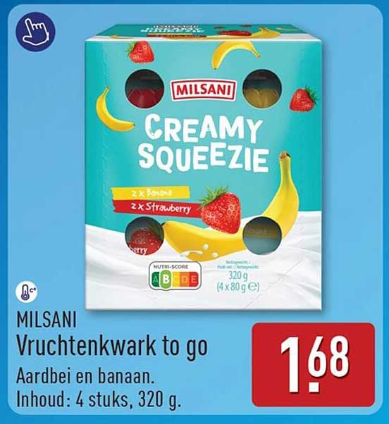 MILSANI Vruchtenkwark to go Aardbei en banaan. Inhoud: 4 stuks. 320 g.