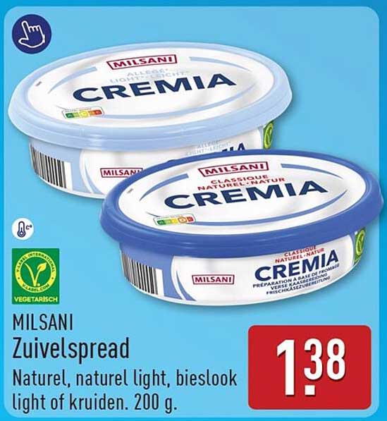 MILSANI Zuivelspread Naturel, naturel light, bieslook light of kruiden. 200 g.