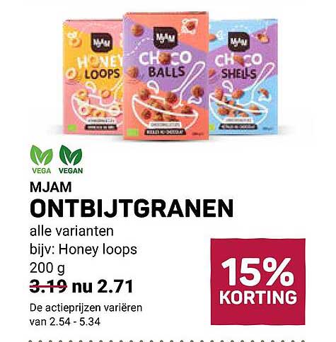MJAM ONTBIJTGRANEN alle varianten bijv: Honey loops 200 g 15% KORTING