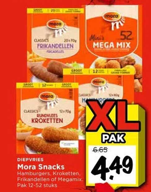 Mora Snacks Hamburgers Kroketten, Frikandellen of Megamix. Pak 12-52 stuks XL PAK
