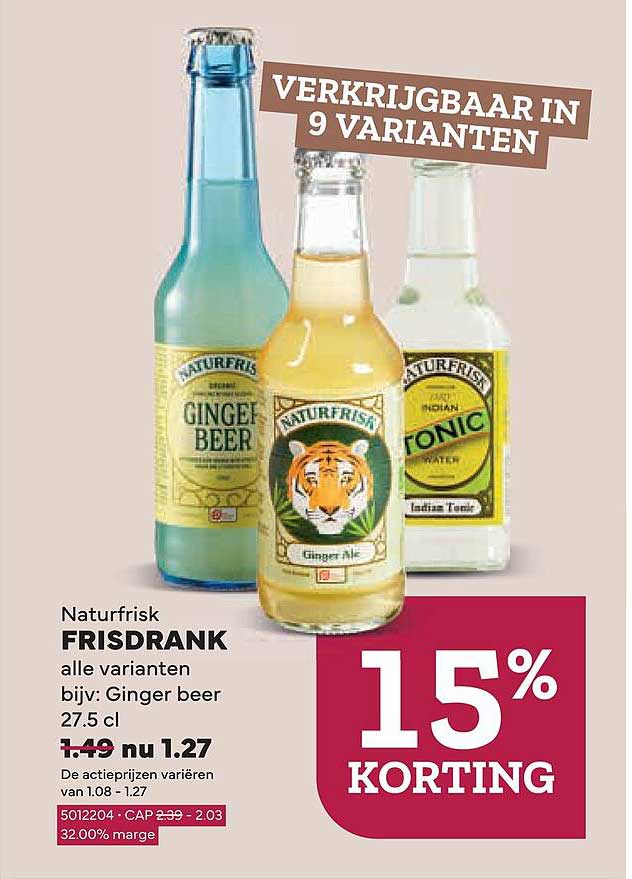 Naturfrisk FRISDRANK alle varianten bijv: Ginger beer 27.5 cl 15% KORTING