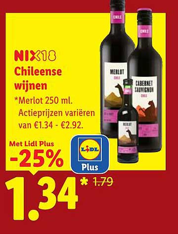 NIX18 Chileense wijnen *Merlot 250 ml. Actieprijzen variëren van €1.34 - €2.92. Met Lidl Plus -25%