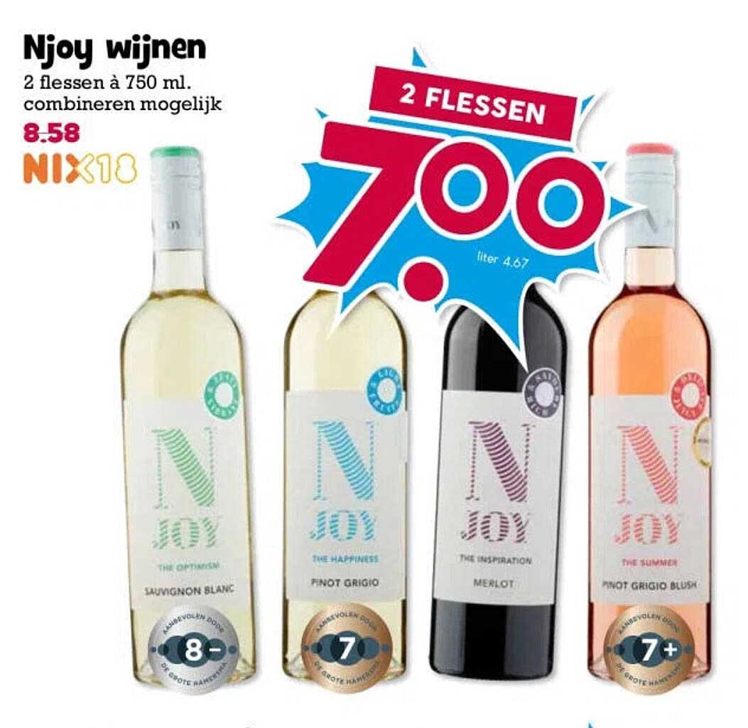 Njoy wijnen 2 flessen à 750 ml, combineren mogelijk