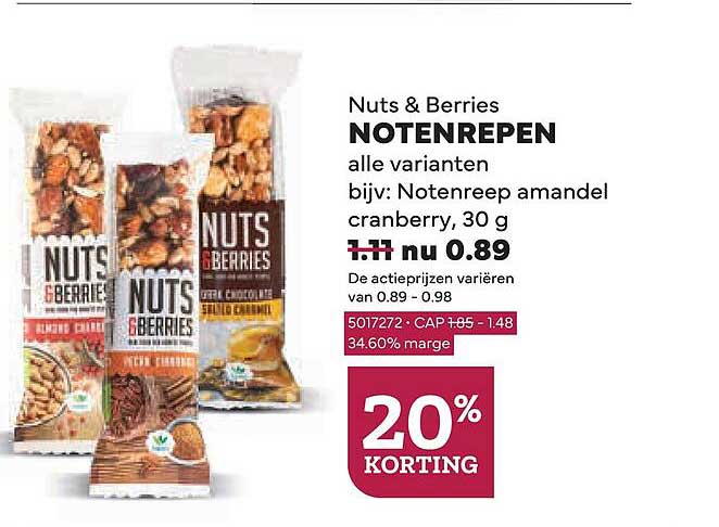 Nuts & Berries NOTENREPEN alle varianten, bijv: Notenreep amandel cranberry, 30 g 20% KORTING