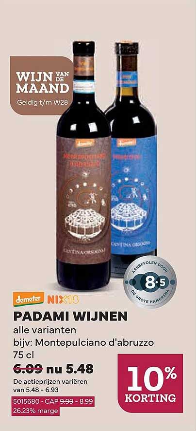 PADAMI WIJNEN alle varianten bijv: Montepulciano d'abruzzo 75 cl 10% KORTING