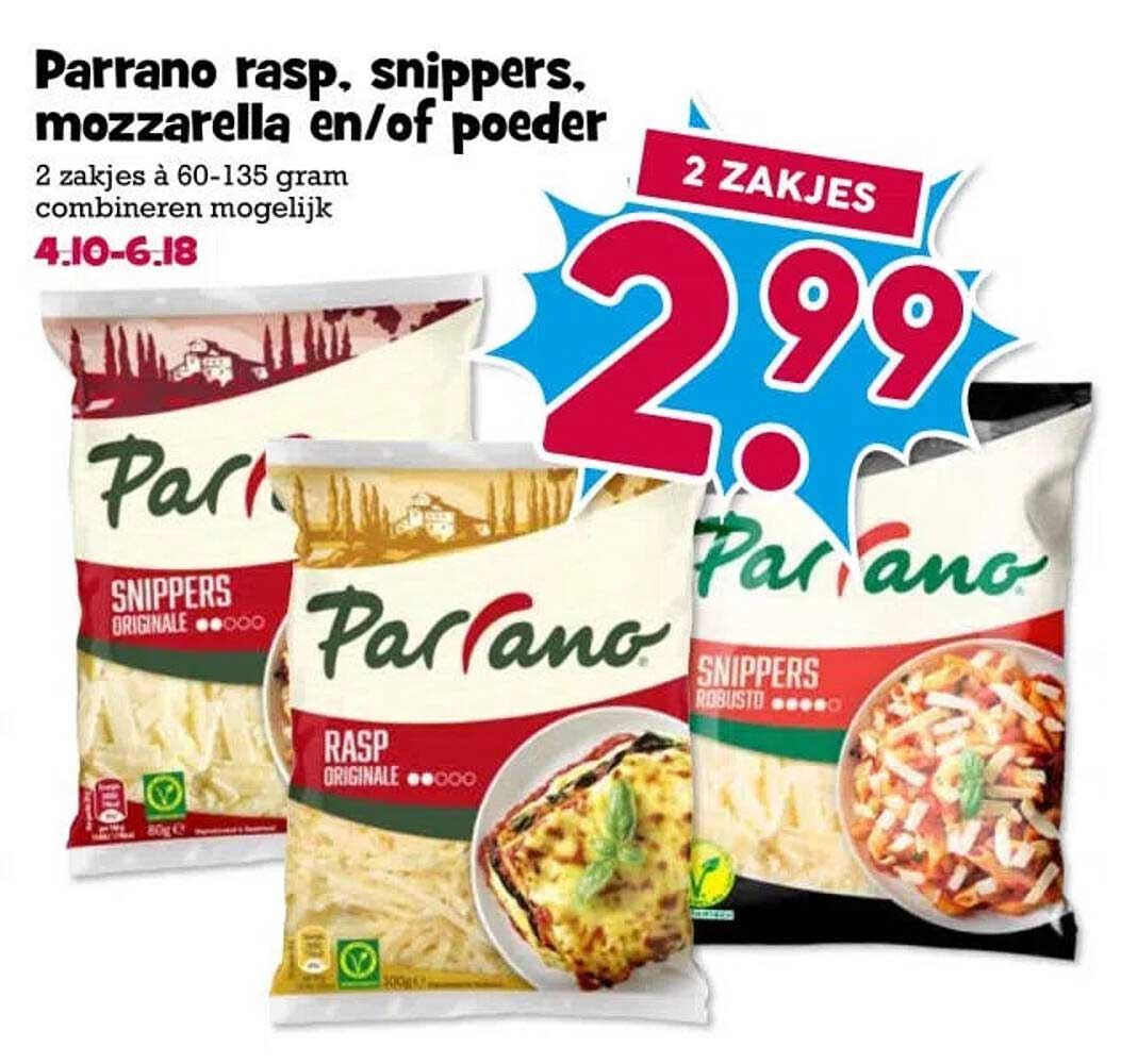 Parrano rasp, snippers, mozzarella en/of poeder 2 zakjes