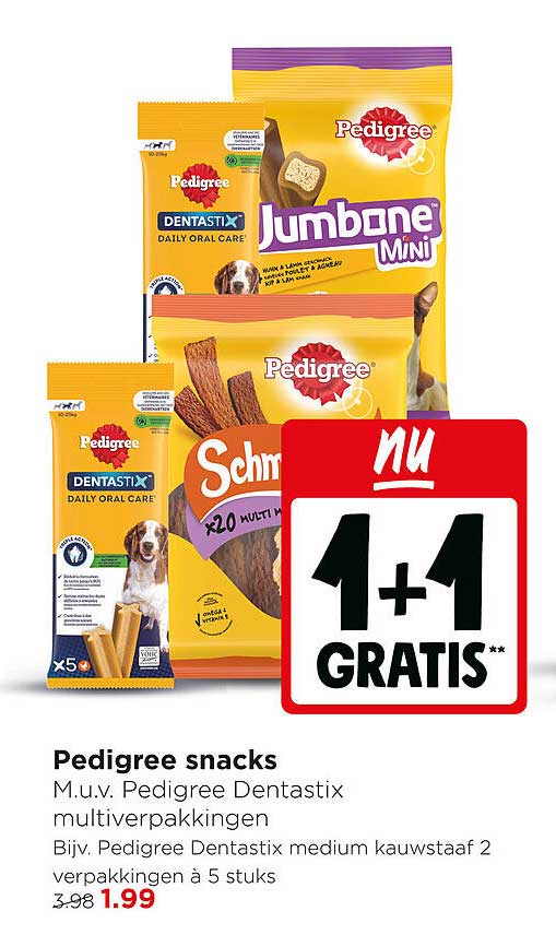 Pedigree snacks M.u.v. Pedigree Dentastix multipverpakkingen Bijv. Pedigree Dentastix medium kauwstaaf 2 verpakkingen à 5 stuks 1+1 GRATIS