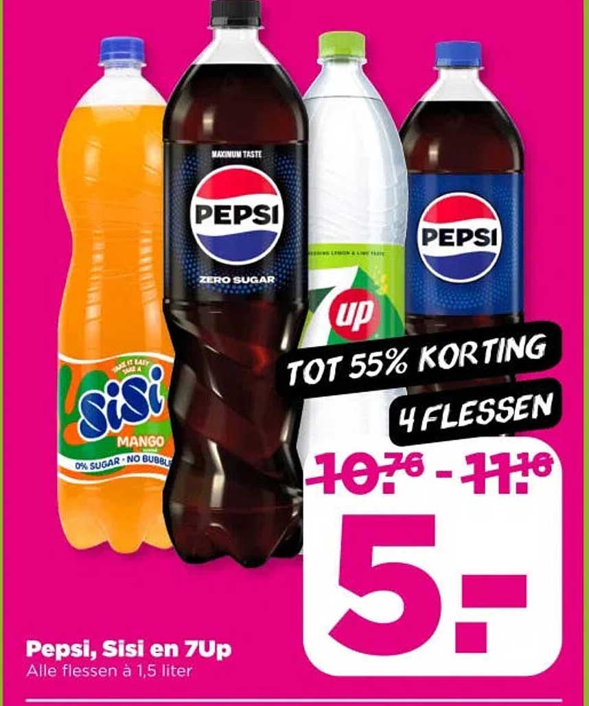 Pepsi, Sisi en 7Up Alle flessen à 1,5 liter TOT 55% KORTING 4 FLESSEN