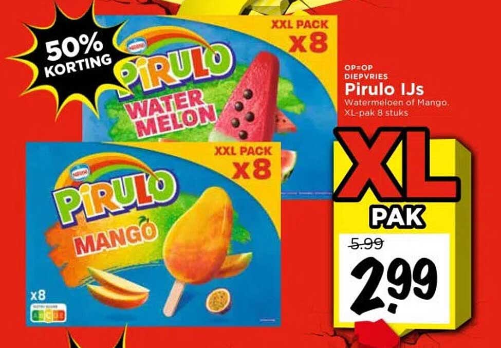 Pirulo IJs Watermeloen of Mango XL-pak 8 stuks XXL PACK x8 50% KORTING