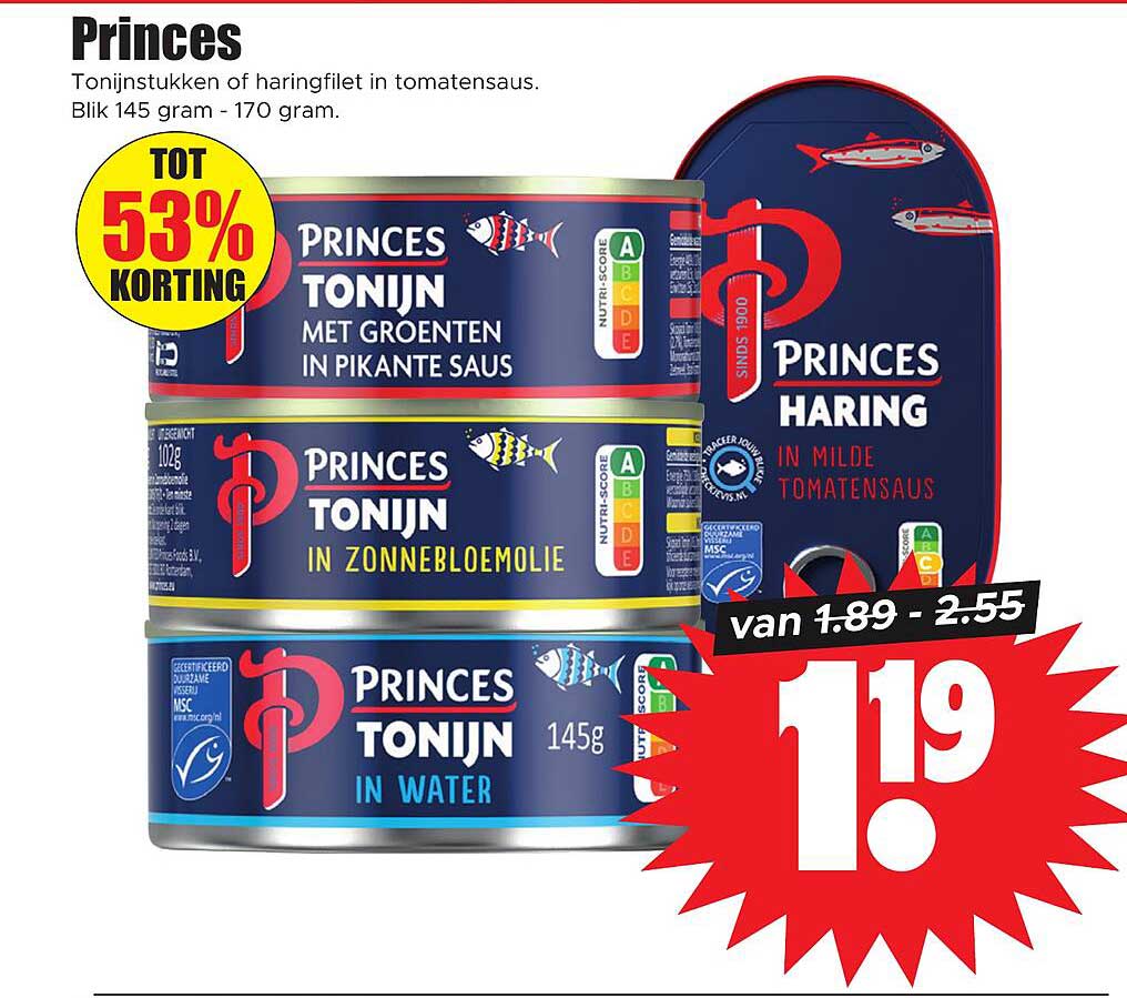 Princes Tonijnstukken of haringfilet in tomatensaus. Blik 145 gram - 170 gram.